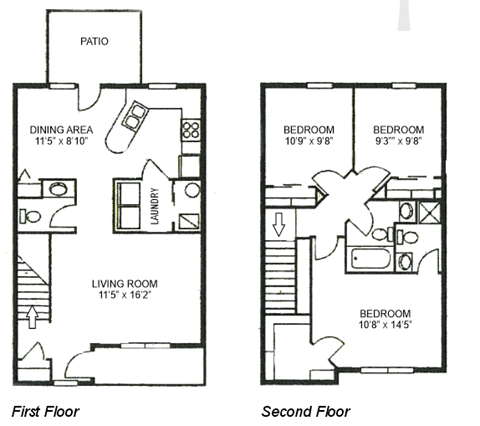 Floor plan for 3 beds, 2 baths, 1046 sqft